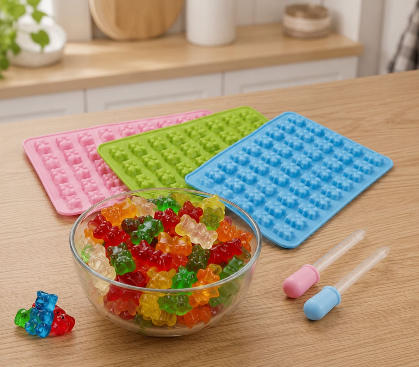 Selbstgemachte Gummibärchen aus Silikonform in verschiedenen Farben